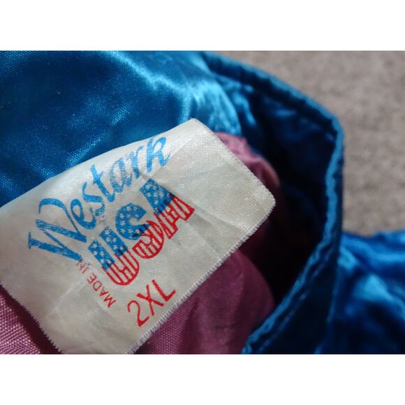 Vintage 90s Westark Blank Blue Satin Bomber Jacket, Size 2XL Distressed Fading - Picture 4 of 12